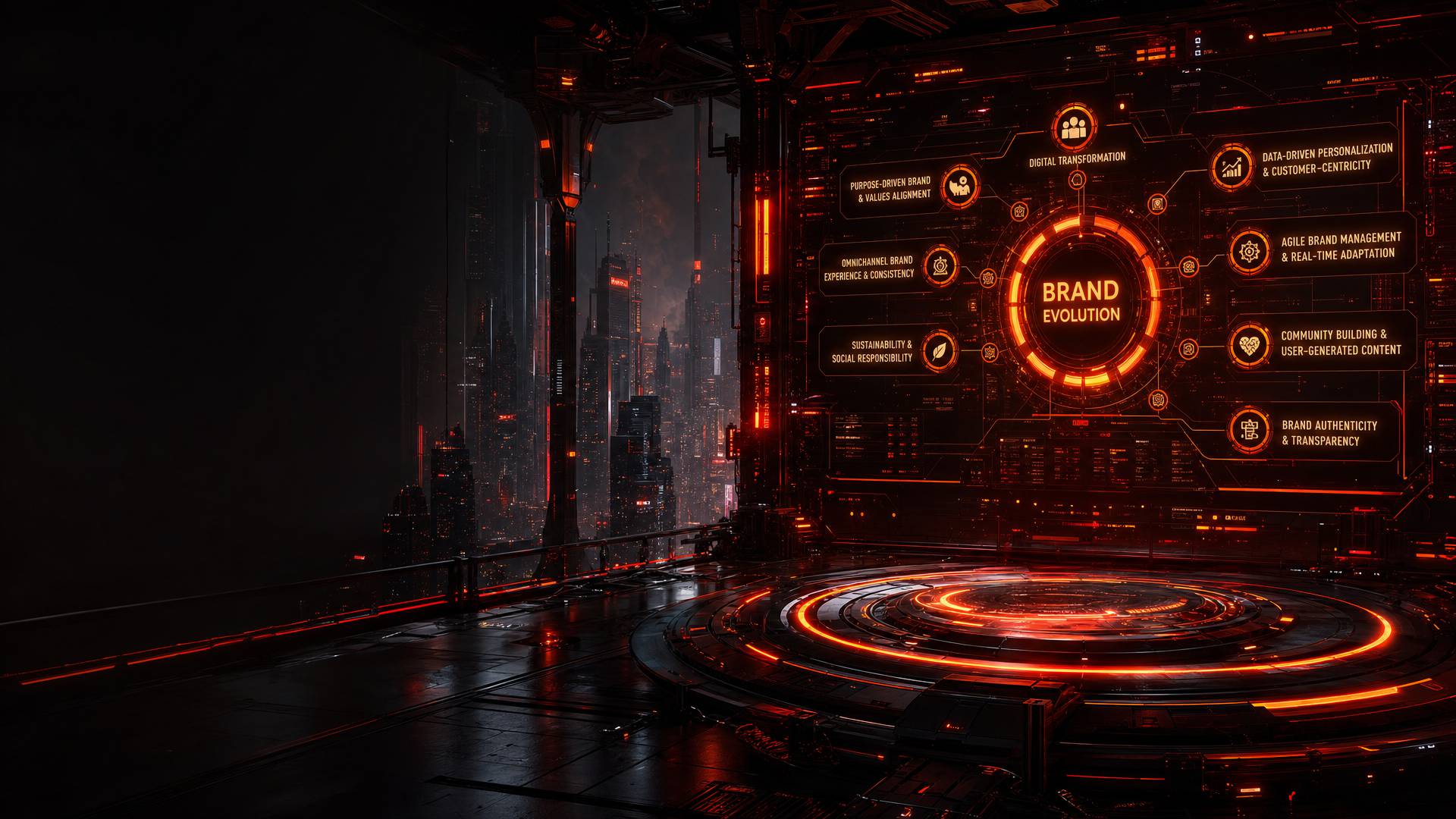 Futuristic control room with an orange-glow dashboard centered on 'Brand Evolution' and surrounding strategy icons.