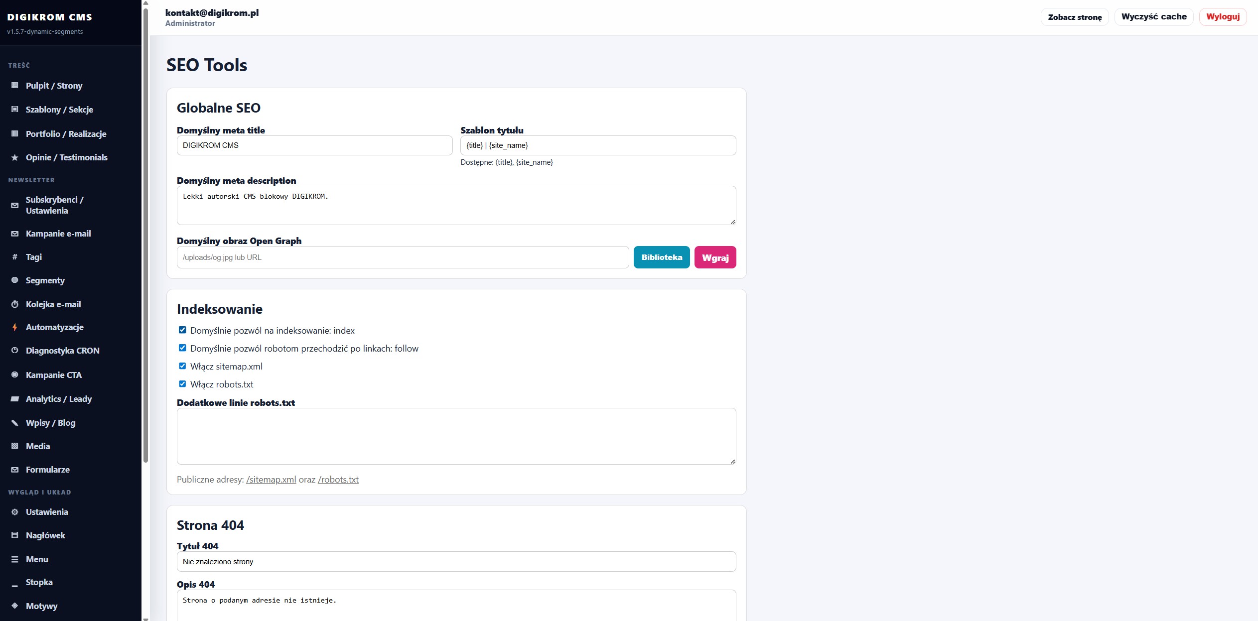 SEO Tools page in Digikrom CMS admin panel showing Global SEO settings form and navigation sidebar