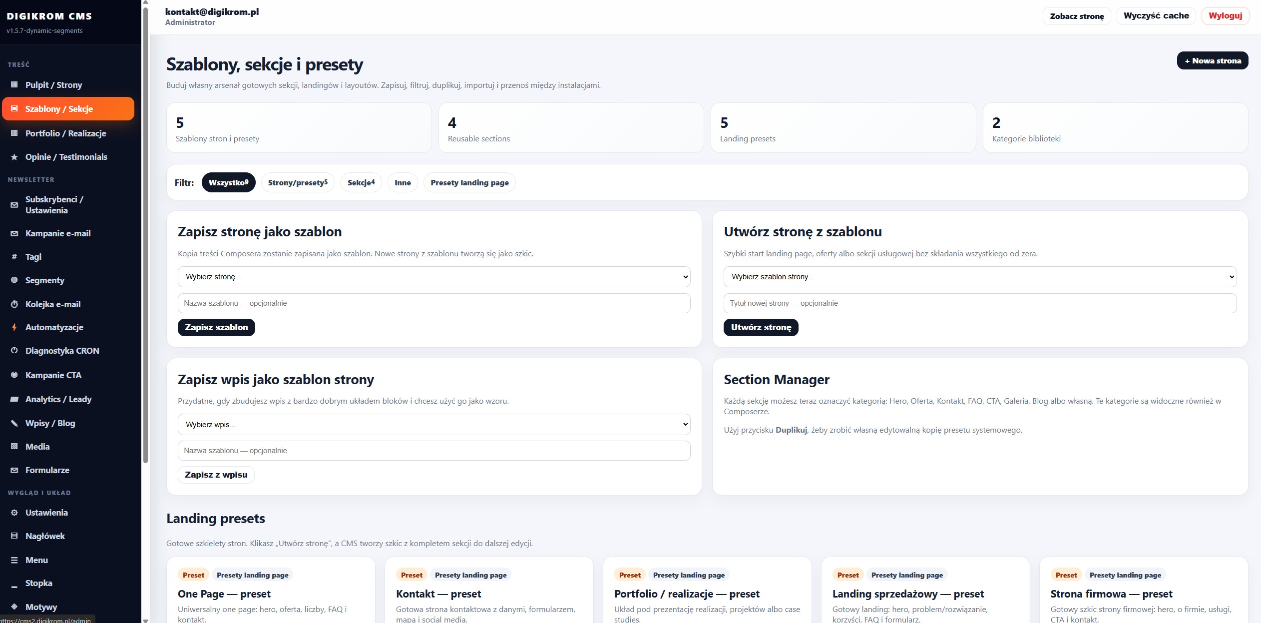 Dashboard of Digikrom CMS showing templates, sections and presets in Polish labeled tiles and counts