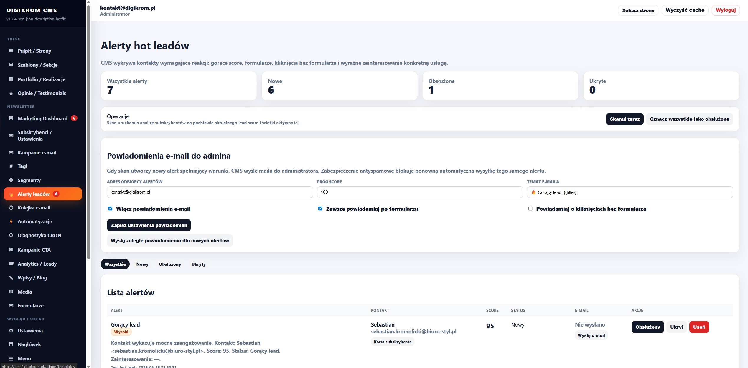 Dashboard CMS Digikrom z alertami hot leadów: 7 wszystkich, 6 nowych, 1 obsłużony, 0 ukrytych; sekcja ustawień powiadomień email i lista alertów.