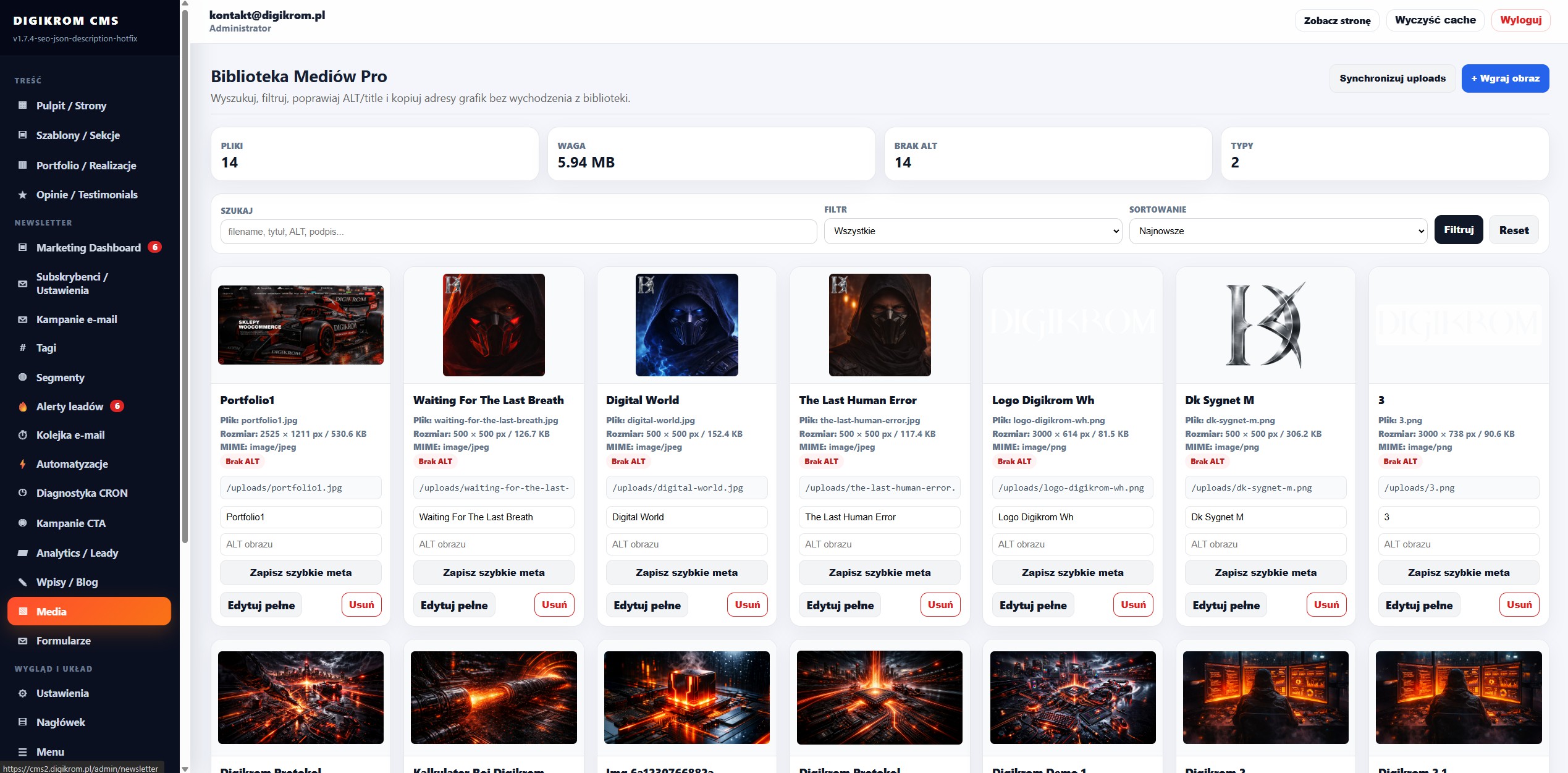Screenshot of DigiKrom CMS Media Library Pro dashboard with a grid of image thumbnails and left navigation panel